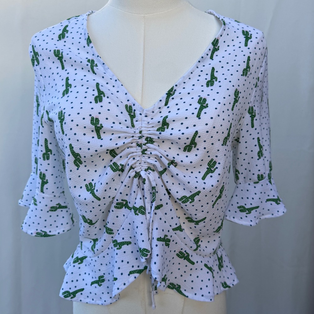 Cactus Print Ruched Tie Front Top Y2K Baby Tee Polka Dot Boho Western
